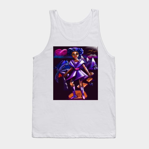 Anime girl with two puffs and lighting 2. Black afro anime girl in purple space fantasy scene ! beautiful  black girl with Braided hair, blue eyes, Cherry pink lips and dark brown skin. Hair love ! Tank Top by Artonmytee